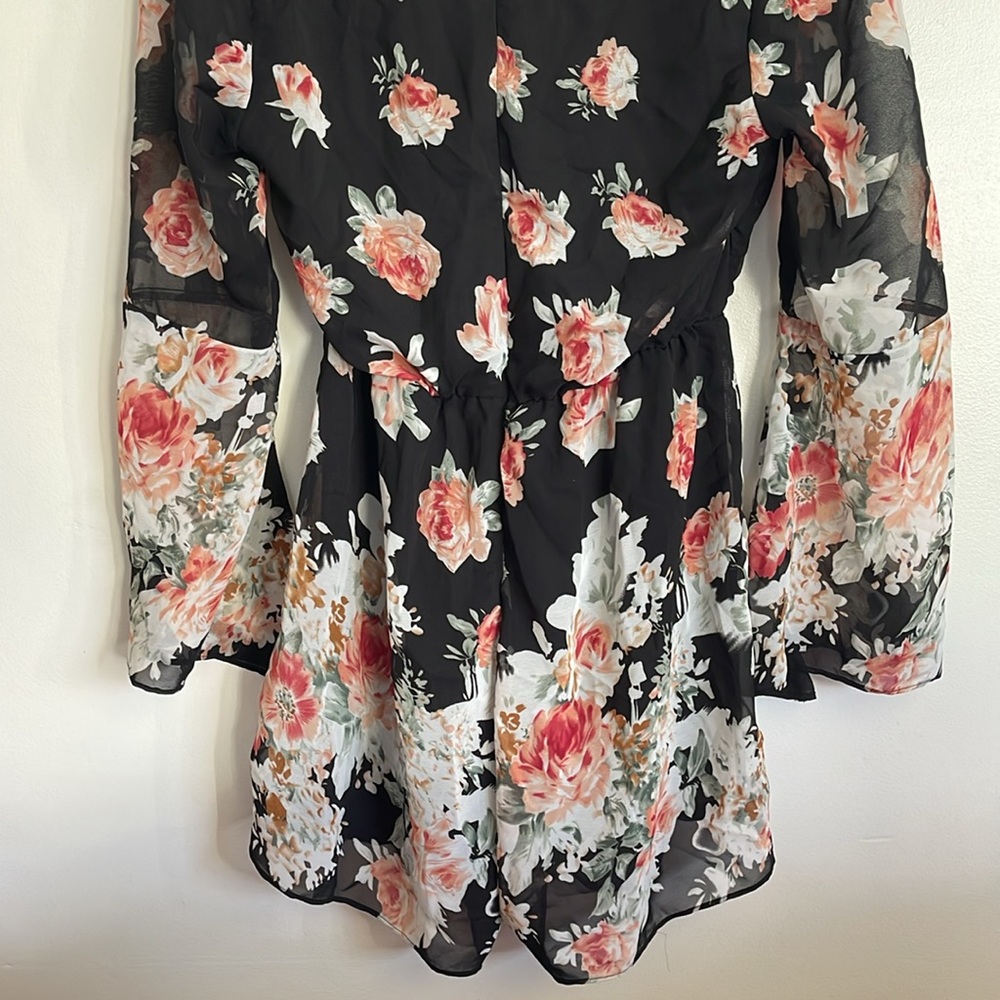 Choies Black Multicolored Floral Chiffon V-Neck Bell Long Sleeve Flowy Romper - Picture 10 of 13